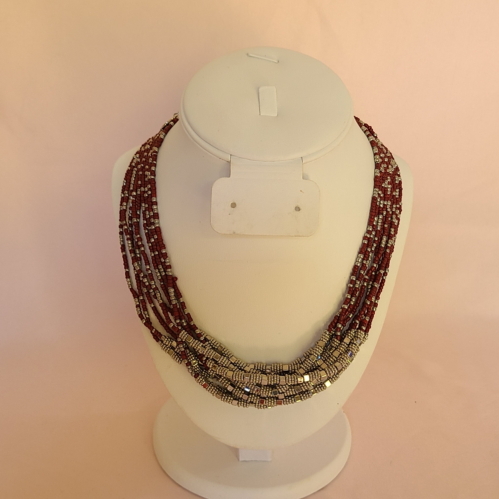Mix It Multistrand Seed Bead Brown Silver Tone Beaded Boho Necklace Statement